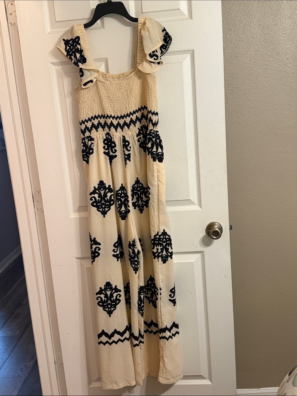 Amazon Cream and Black Smocked Maxi Jumpsuit with Ruffle Straps